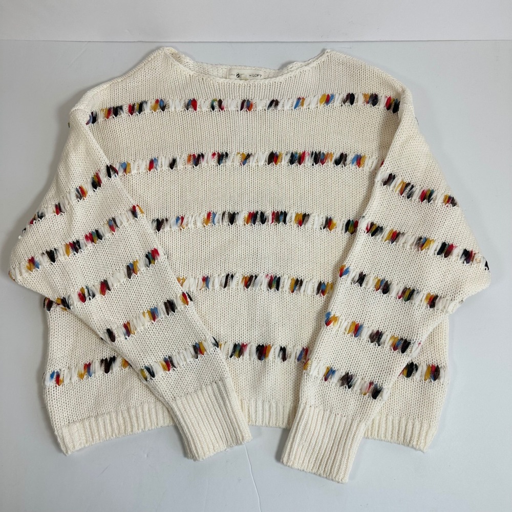 Lou & Grey LOFT Rainbow Stitch Cream Knit Sweater Medium Casual Preppy - Picture 3 of 7